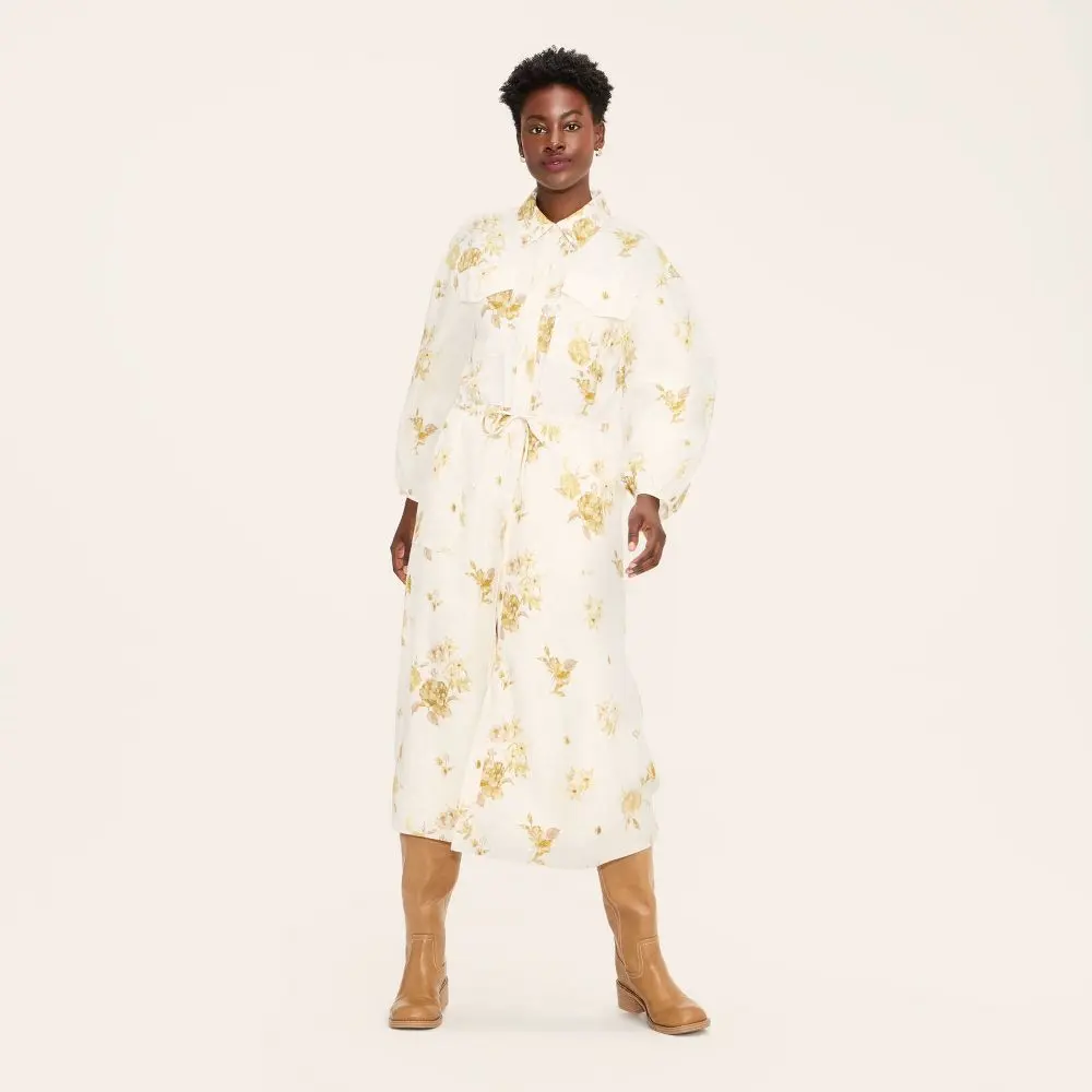 Women's Original Floral Long-Sleeve Utility Cargo Midi Shirt Dress, Basic Rayon Garment - Woolrich