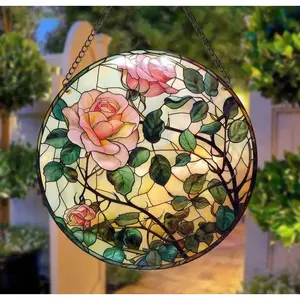 5.90" Pink rose suncatcher with thorns, stem, and green leaves, stained acrylic
