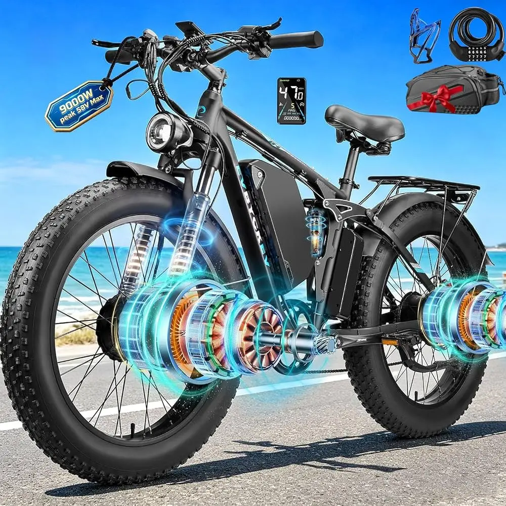 9000W Peak Dual Motor Ebike for Adults 47 MPH Fast Electric Bike, 52V 1972 Wh Up to 105 Miles Ebikes, 24" Fat Tire E-Bike, Full Suspension Electric Bicycle for Mountain Commuter Snow