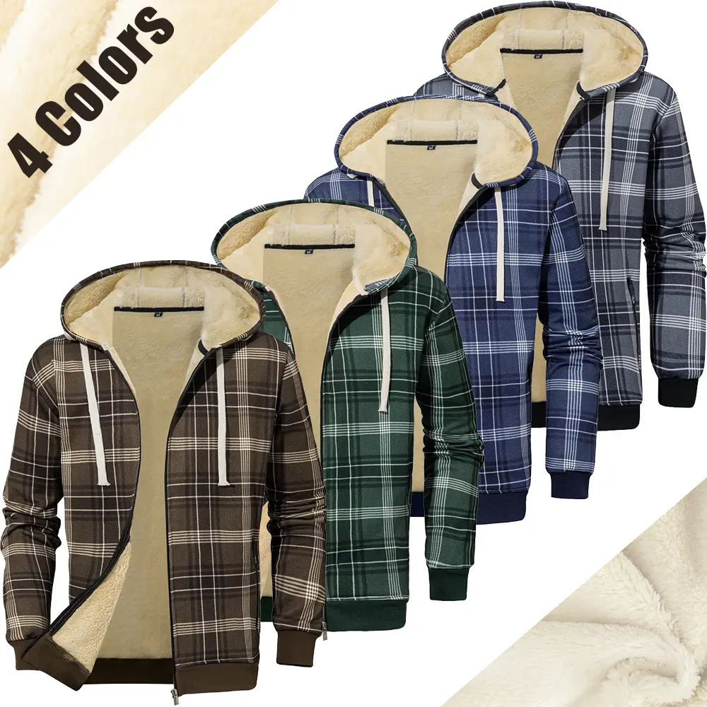 Men’s Plaid Zip-Up Hoodie - Fleece-Lined Thick Winter Puffer Sweatshirt, Warm Fabric for Everyday Outings & Outdoor Leisure in Autumn-Winter, Zip Hoodie