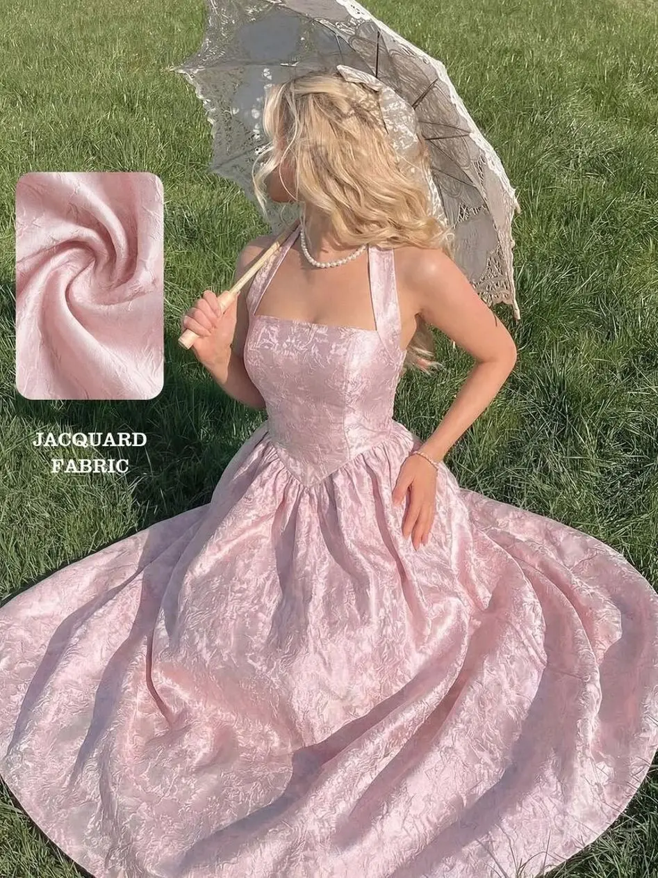 Women's Dusty Pink Floral Jacquard Halter Midi Dress, Elegant Sleeveless A-Line Open Back Princess Dress for Summer Party, Birthday, Wedding Guest, Vacation and Vintage Chic Occasion Wear