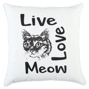 360 stand Square Throw Pillow, Cotton Fabric, Black & White "Live Love Meow" Embroidered Letters, Woven Welting, Embroidery Accents, Embroidery-Inspired Standard Pillows