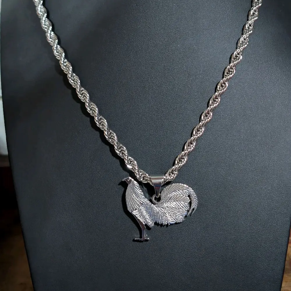 Gallo 1 stainless steel Rooster Pendant hand engraved rooster with Braided Chain for Men and Women