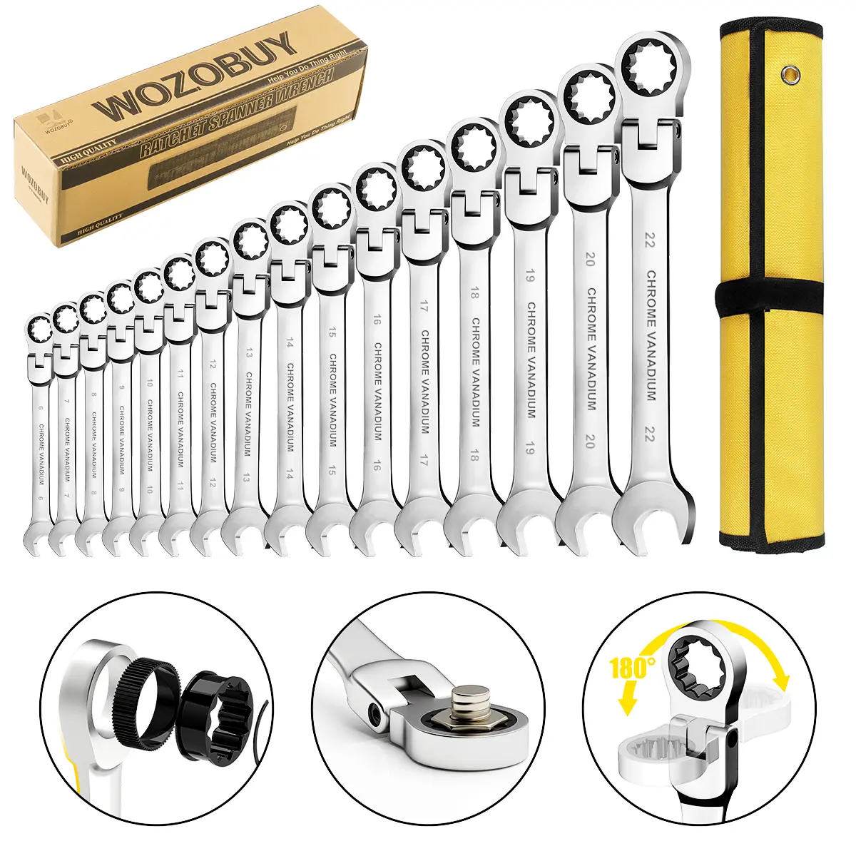 16Pcs Multifunctional Flex-Head Ratchet Wrench Set, 6-26Mm, 72 Teeth, Cr-V Constructed Combination End Wrench Kit With Rolling Pouch, Multifunctional Ratchet Wrench
