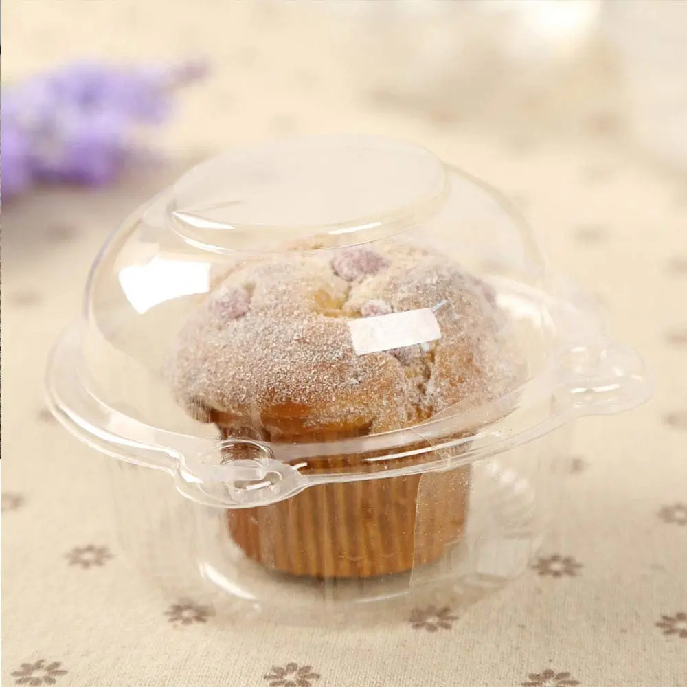 50 Pack Individual Cupcake Containers, Clear Plastic Disposable Cupcake Holders with Dome Lids, Single Muffin Boxes Bulk, White Base