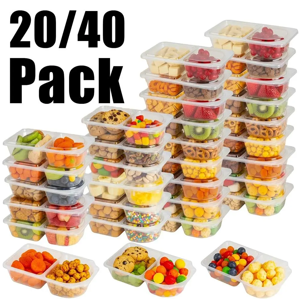 20/40 Lightweight 2-Compartment Plastic Meal Prep Boxes with Lids, Dual Grid Divided Dipping Sauce Containers, Reusable Stackable Kitchen Storage for School Trips