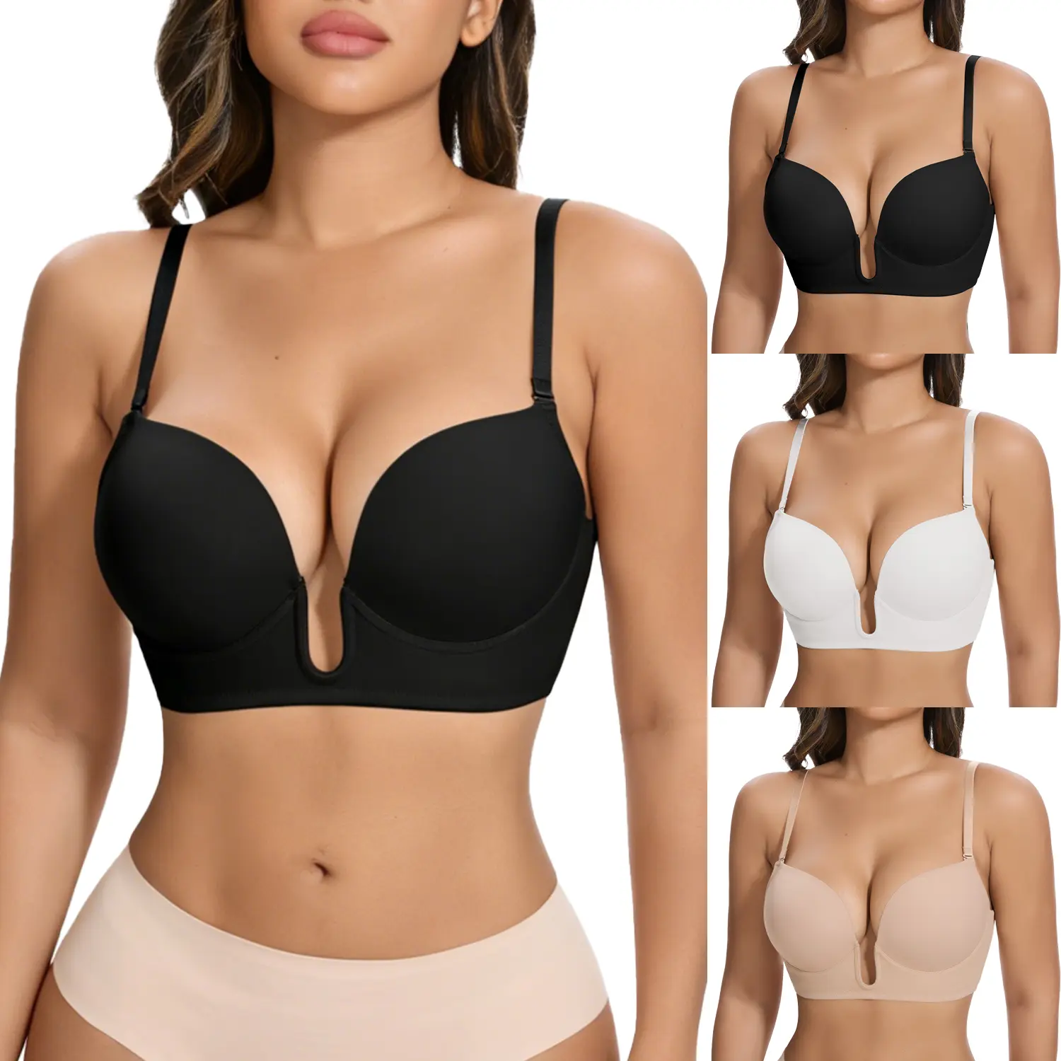 Women's Low Back Bra Deep V Neck U Plunge Backless Bras with Convertible Clear Straps Multi-Way Use Wire Lifting Bralette for Wedding Party Daily Wear Womenswear Elegant Fit Bridal Everyday Bras T-Shirt Prom Lingerie
