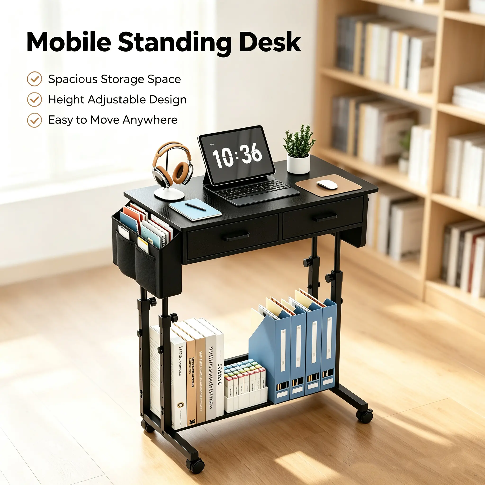  Portable Rolling Standing Desk - 32 Inch Adjustable Mobile Stand Up Gaming Desks with 2 Fabric Drawers with Wheels,  Sofa Side Laptop Table with Storage for Home Office as Thanksgiving gift