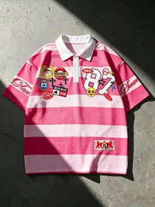 Y2K Patchwork Striped Rugby Jersey, Vintage Streetwear Oversized Polo Shirt, Loose-Fitting Short Sleeve Top, Casual Fashion