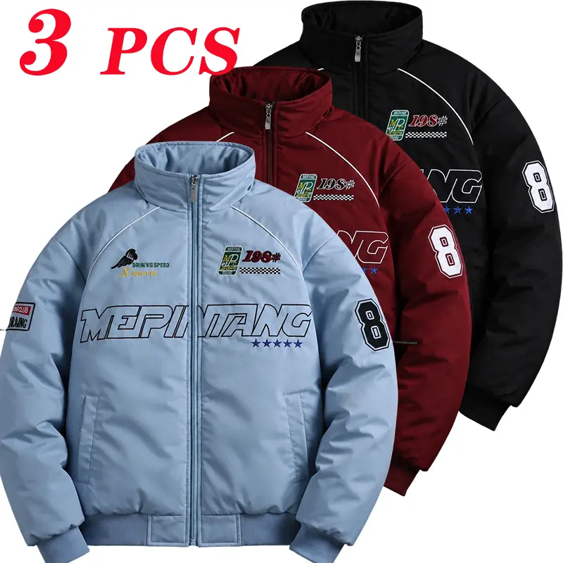 Men’s Loose-Fit Racing-Style Stand Collar Cotton Jacket - Menswear, Lettering Embroidered Zipper Closure, Windproof Warm Lightweight Winter Coat, Vintage Motorcycle Outerwear for Streetwear & Outdoor Activities
