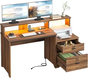 55 Inch Wood Computer Desk with Lockable File Drawer, Charging Station & LED Lights - Home Office Desk with Storage Shelves, Printer Shelf & Monitor Stand, Wooden Desk for Study & Work, Walnut