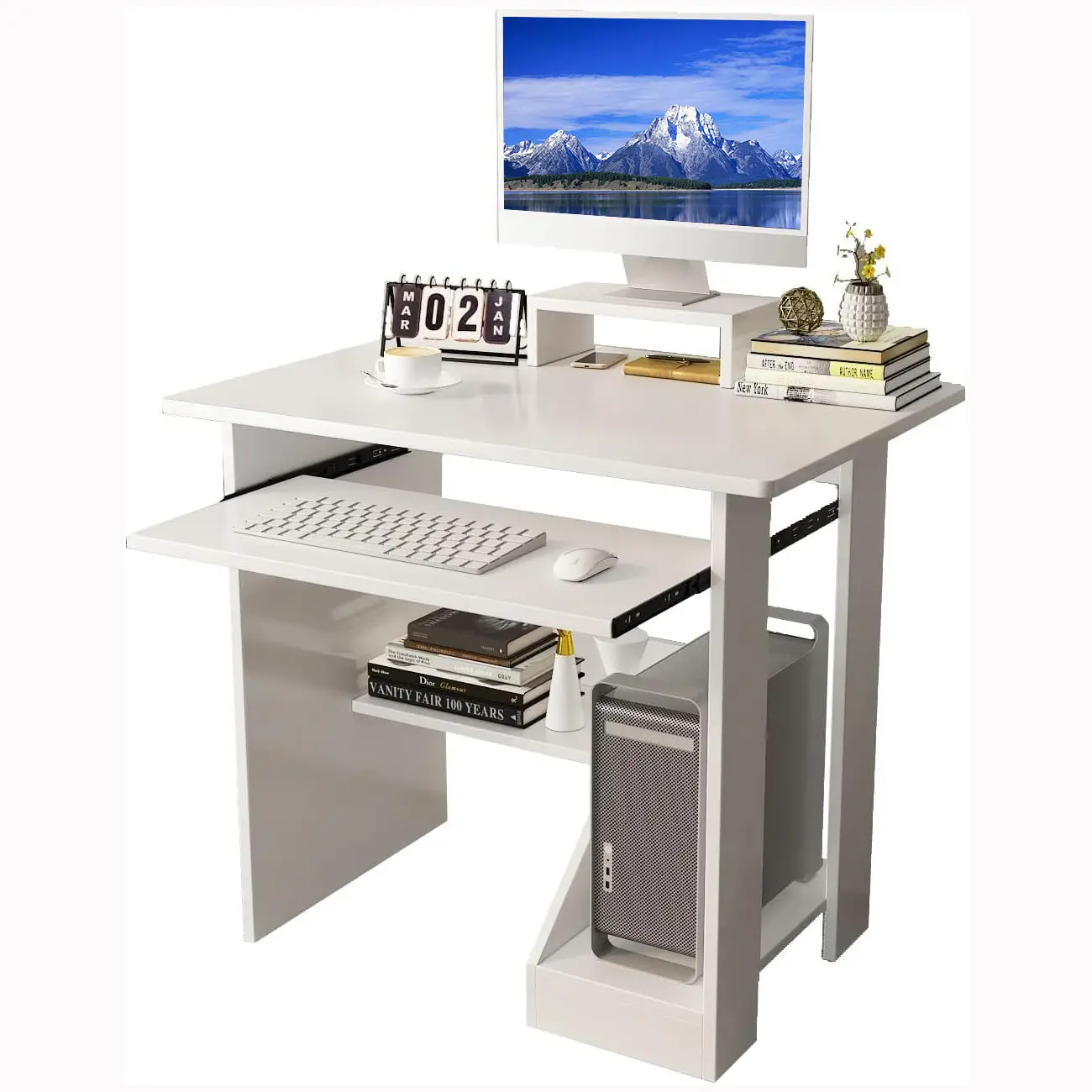 30-Inch Small Computer Desk for Small Spaces With Shelves, Keyboard Tray, Storage, Monitor Stand - Compact Standing Desk for Home Office Study, White Wood Workstation Sliding Desktop Drawers