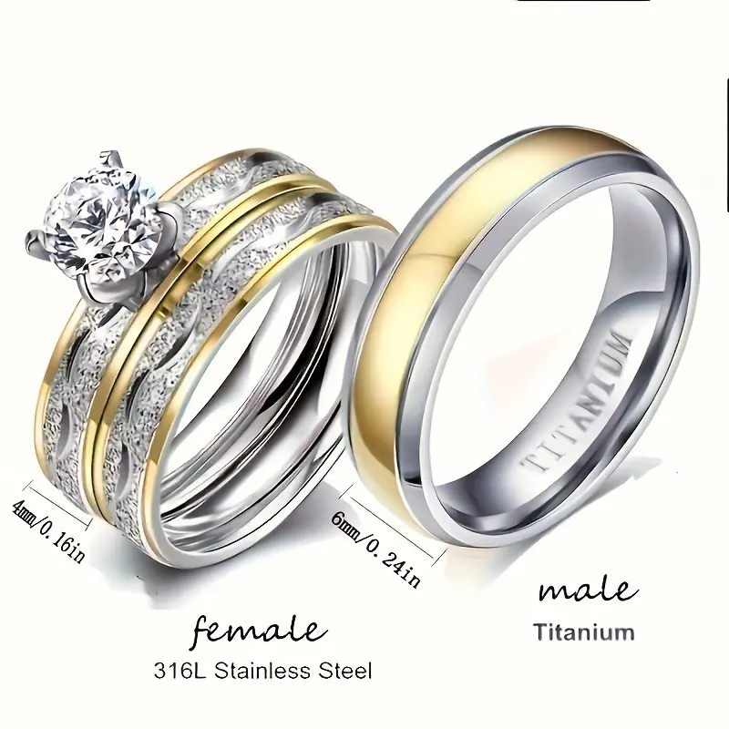 Romantic Couple Matching Ring Sets - 18 Karat Gold-Plated 316L Stainless Steel Wedding Bands - Hypoallergenic, Durable Design - Ideal Valentine’s Gift, Matching Sets, Female, Women's Matching Sets