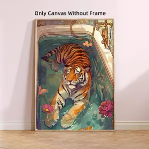 Tiger in Bathtub Pattern Unframed Painting, 1 Count Modern Artistic Wall Art Canvas Poster, Wall Art Decor for Home Living Room Bedroom Study Room, Ornaments, Wall Decoration