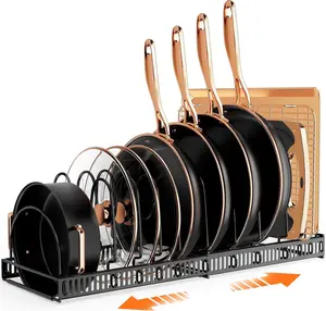 Expandable Pot and Pan Organizer Rack - Adjustable Kitchen Cabinet Holder for Pots, Lids, and Pans with Versatile Design