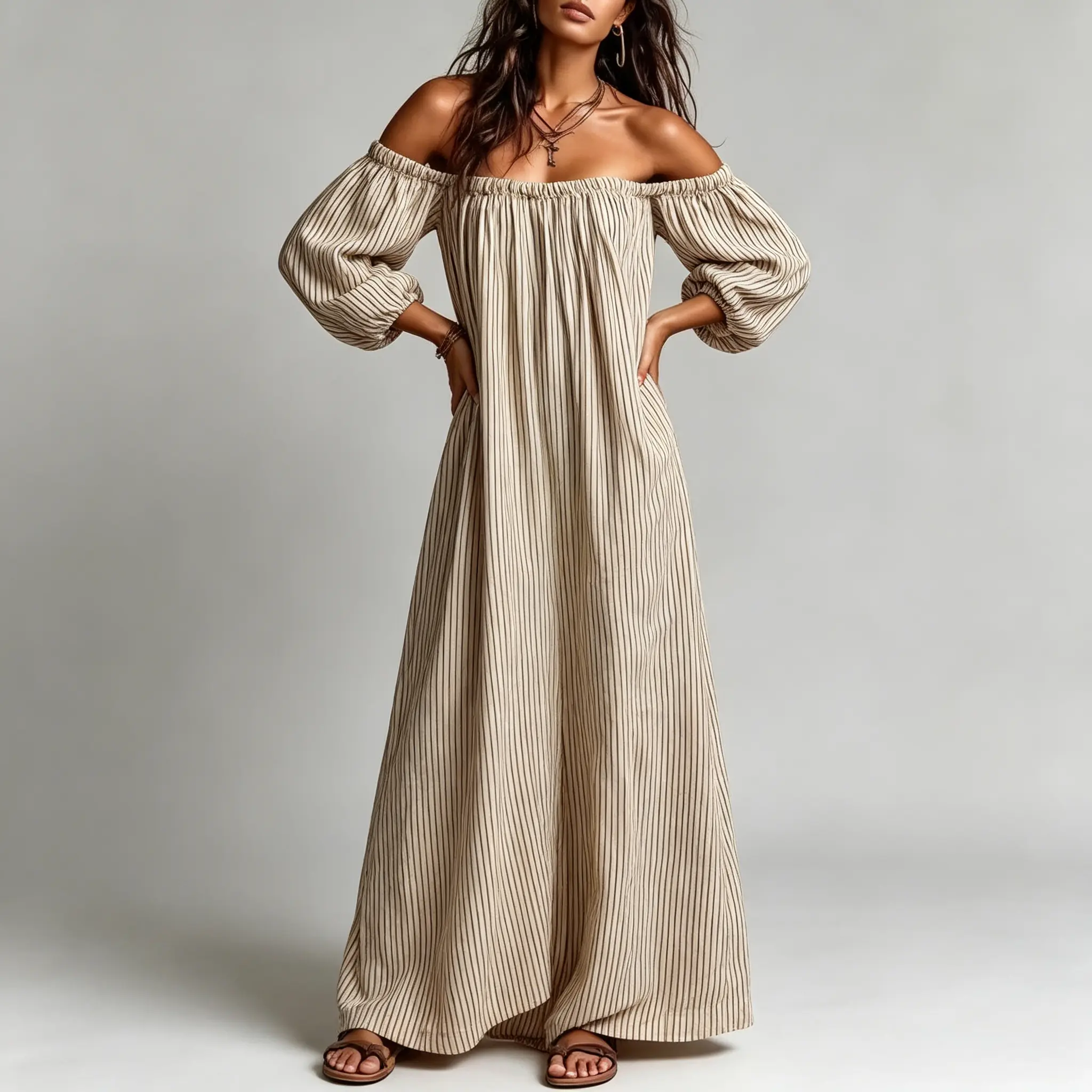 Women's Casual Striped Summer Long Dress - 1-Shoulder Strapless Style, Elegant Chic Lady Wear with Feminine Vibe, Ideal for Vacations, Pairable with Accessories