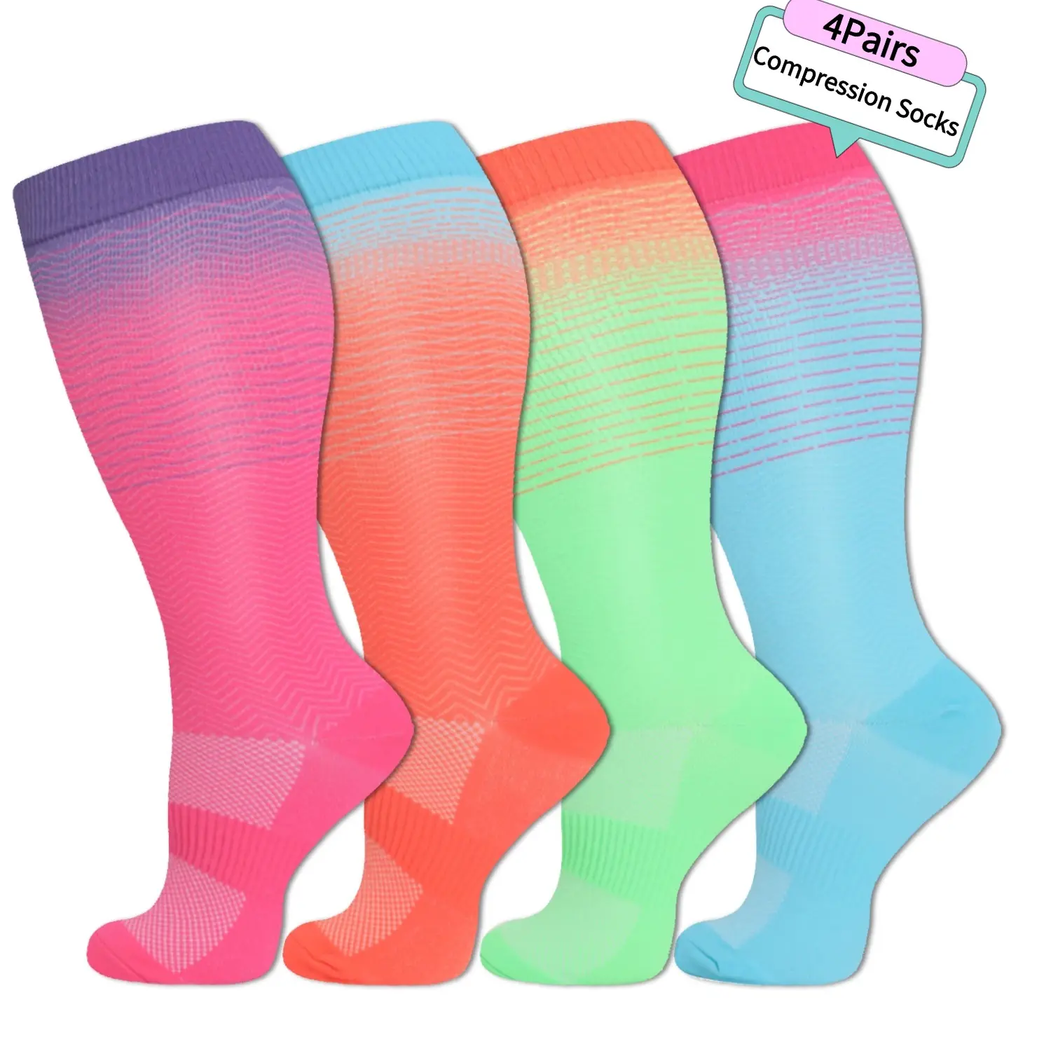 Unisex 4 Pairs Plus Size (3XL,4XL) P-Rainbow(Gr-Or-Ye/Gr+Re) Christmas Nylon Compression Socks - 15-20 mmHg Knee-High Stockings for Running, Travel