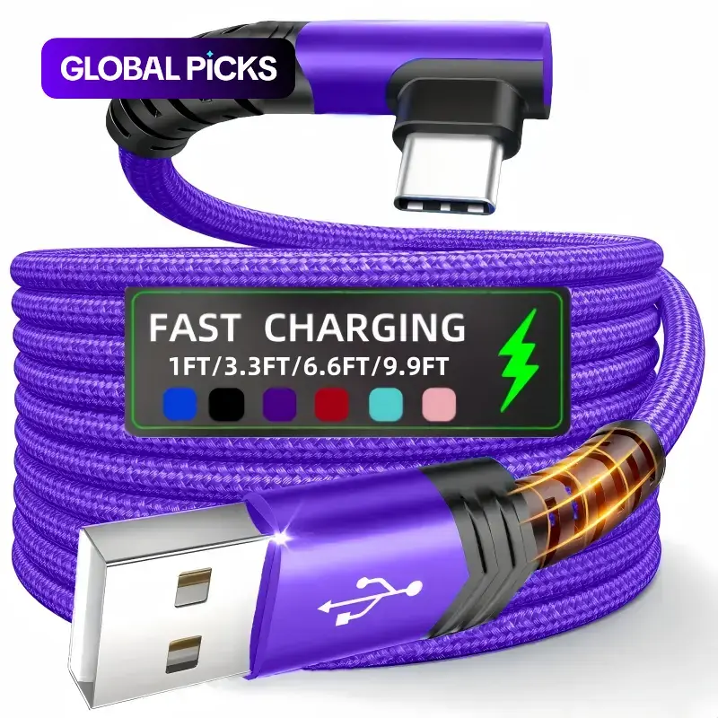 USB-C Cable 90 Degrees, USB A to USB-C Right Angle Design Nylon Braided Durable Fast Charging Cable for iPhone 16 Pro Max, iPad Air 6, Huawei, Oppo and Xiaomi #GLOBAL PICKS