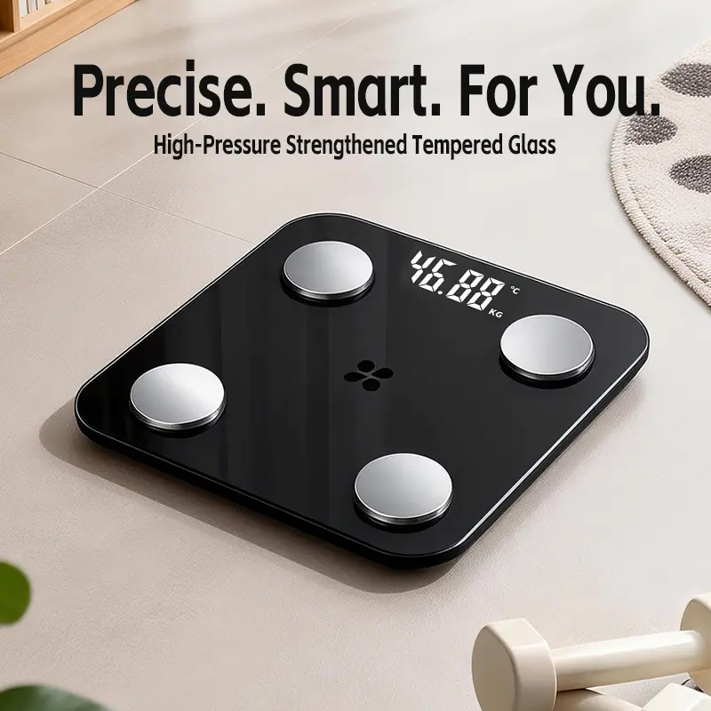 Smart electronic digital bathroom scale: high-precision LCD, ultra-thin, max 180kg/400lbs. For home, bathroom, living room, bedroom. Bluetooth for BMI, body fat, body composition monitoring via smartphone app，Father's Day gift
