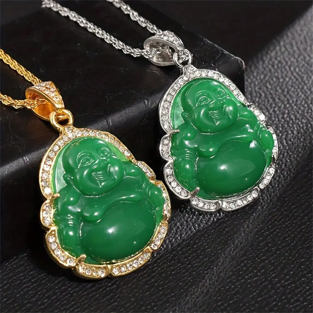 MaxBling81 Men's Religious Jade Buddha Necklace, Gold-Plated Stainless Steel 22mm CZ Pendant with 3mm Rope Chain 18/20/24", Meaningful Gifts, Perfect Gift, Polished