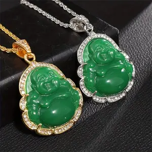 Stainless Steel Lucky Happy Jade Buddha Iced Unisex CZ Religious Pendant & 3mm 18" 20" 24" Rope Chain Necklace Fashion Jewelry Gift For Men, Women