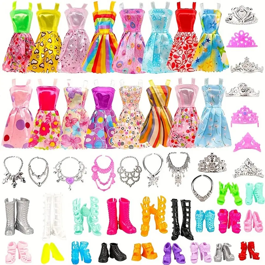 11 Inch Doll Outfit & Accessories Set (32 Pieces) - 10 Random Dresses, 10 Pairs of Shoes, 6 Necklaces, 6 Crowns, Ideal Birthday Gift for Dress Up Doll Role Playing