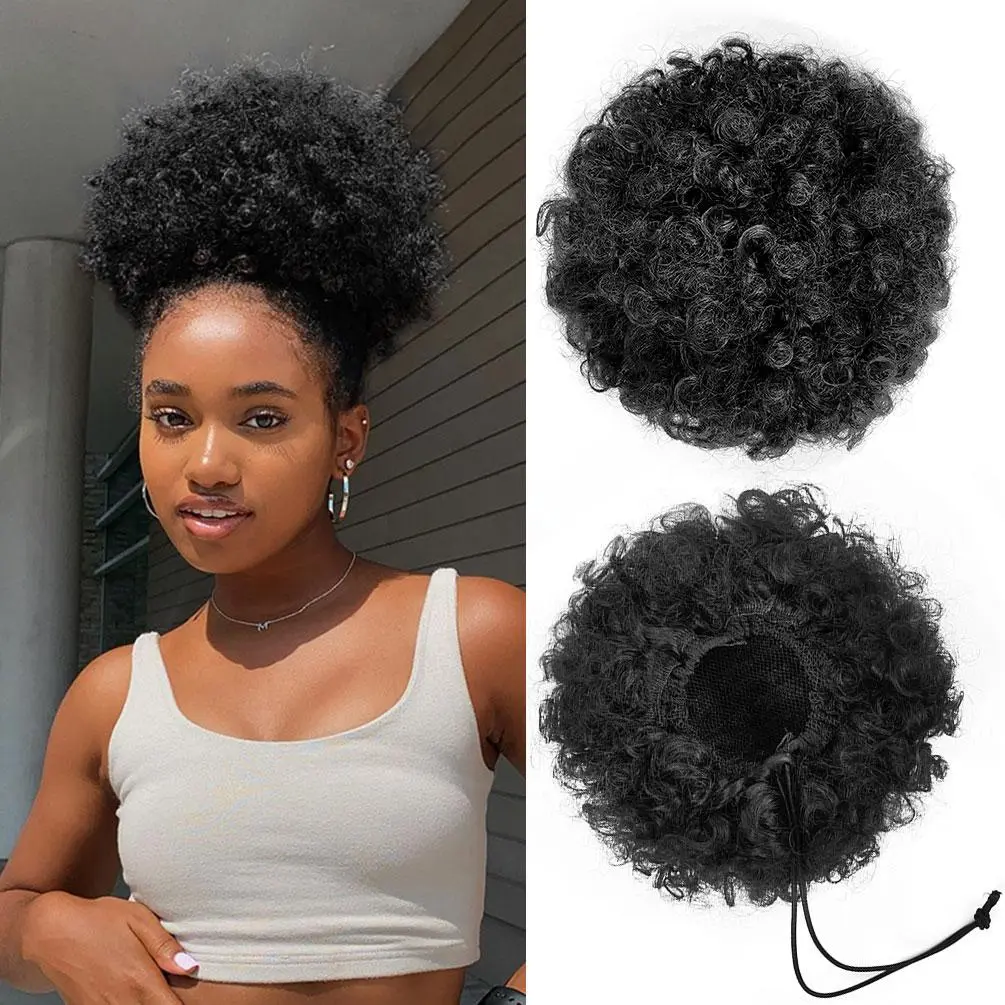 Afro Puff Drawstring Ponytail for Black Women, Short Kinky Curly Afro Ponytail Synthetic Hair Puffs, Premium Black Afro Bun Drawstring Ponytail for Women Girls Afro Wig