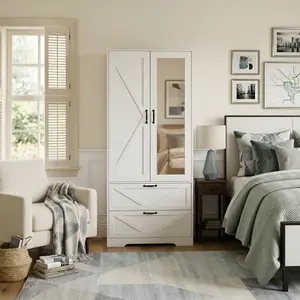 2 Door Wardrobe Closet with Mirrors , Small Bedroom Armoire with Drawers, Modern Wooden Armoire Wardrobe Closet with Hanging Rod for Bedroom, White