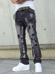 Men's Embroidered Denim Jeans, Fitted Mid Waist Pants, Zipper Fly Closure, Fashionable Distressed Design, All Seasons Wear