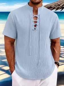 Men's Plain Linen Henley Shirt, V-Neck Tie Short Sleeve Loose Fit Casual Stand Collar Top, Casual Summer Linen, Trendy Four Seasons Bestseller