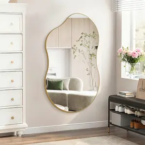 Irregular Wall Mirror Decorative Asymmetrical Abstract Mirror in Tempered Glass & Aluminum Alloy for Unique Bathrooms Bedrooms Living Rooms Dressing Rooms and Entrances with Golden Design，42X24 Large