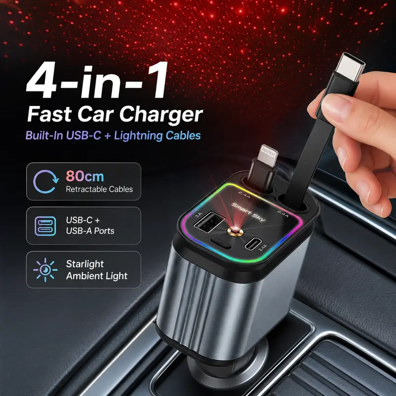 W&O 4-in-1 Fast Charging Car Charger, Built-In Retractable USB-C & Lightning Cables, USB-C & USB-A Ports, 180° Adjustable Starlight Charger for Phones & Tablets Usb Car Charger
