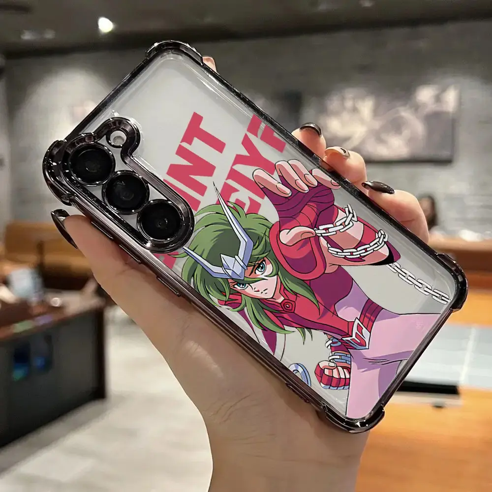 Luxurious Cartoon Action Anime Saint Seiya Pink Warrior Phone Case Compatible with for samsung for galaxy S25 Edge S24 S23 S22, Featuring a Plated Edge for Drop Protection And a Transparent Back for a Premium Feel, Card Captor Sakura Accessory, Animation