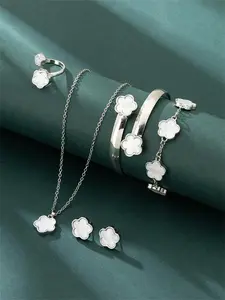 Women's Jewelry Set with Cute Clover Pendant Necklace, Bracelet, Earrings, Ring, Chain, Elegant Accessories for Daily Wear