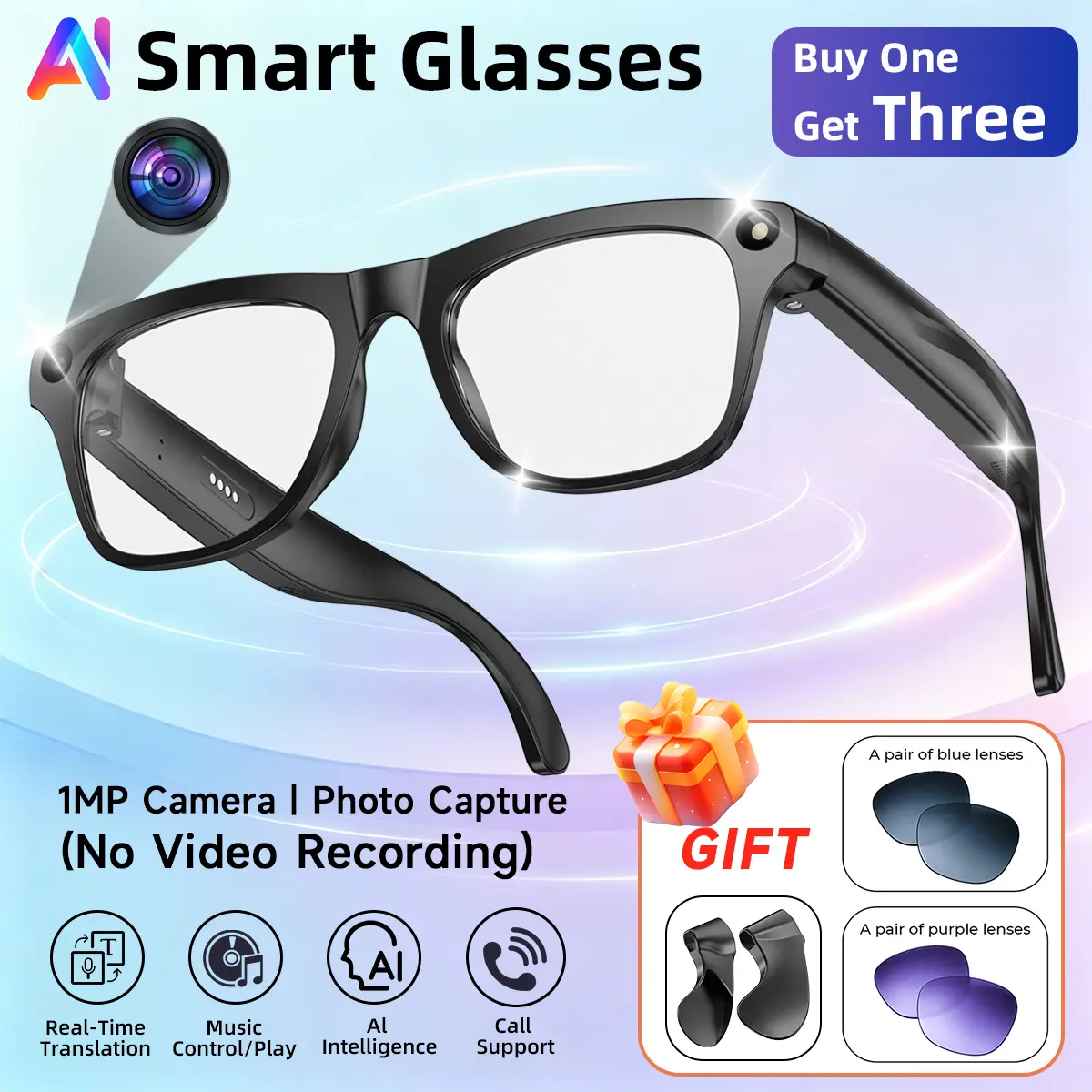 2026 New Smart AI Camera Glasses with Photochromic Lenses and ear support gift, Multifunctional Wireless Sports Glasses with Photo Capture, Multi Languages Real-Time Translation, BT Music Glasses with 260mAh Battery Life, Compatible with iPhone & Android