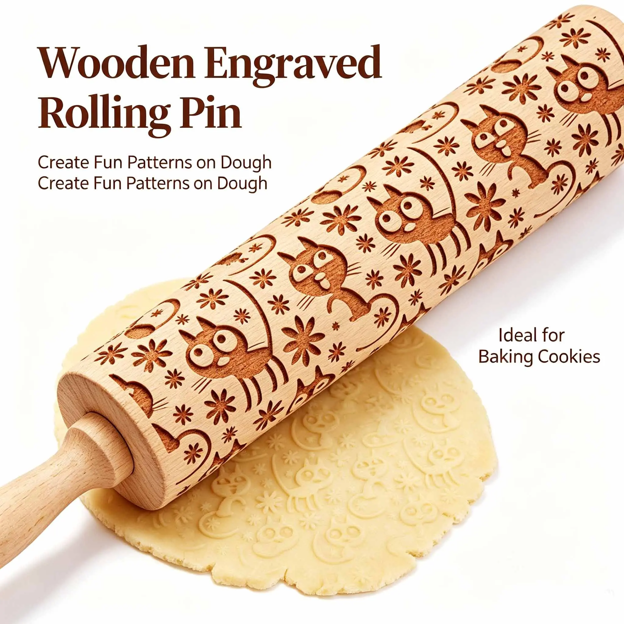 1pc 13.78in Cute kitty Pattern Christmas EmbossedWooden Rolling Pin for Baking, Deep Engraved ChristmasCookie Cutter Embossed Cookies, Cute Kitchen Decor DIYTool, Suitable as a Christmas, Thanksgiving, Mother's Day,or party gift