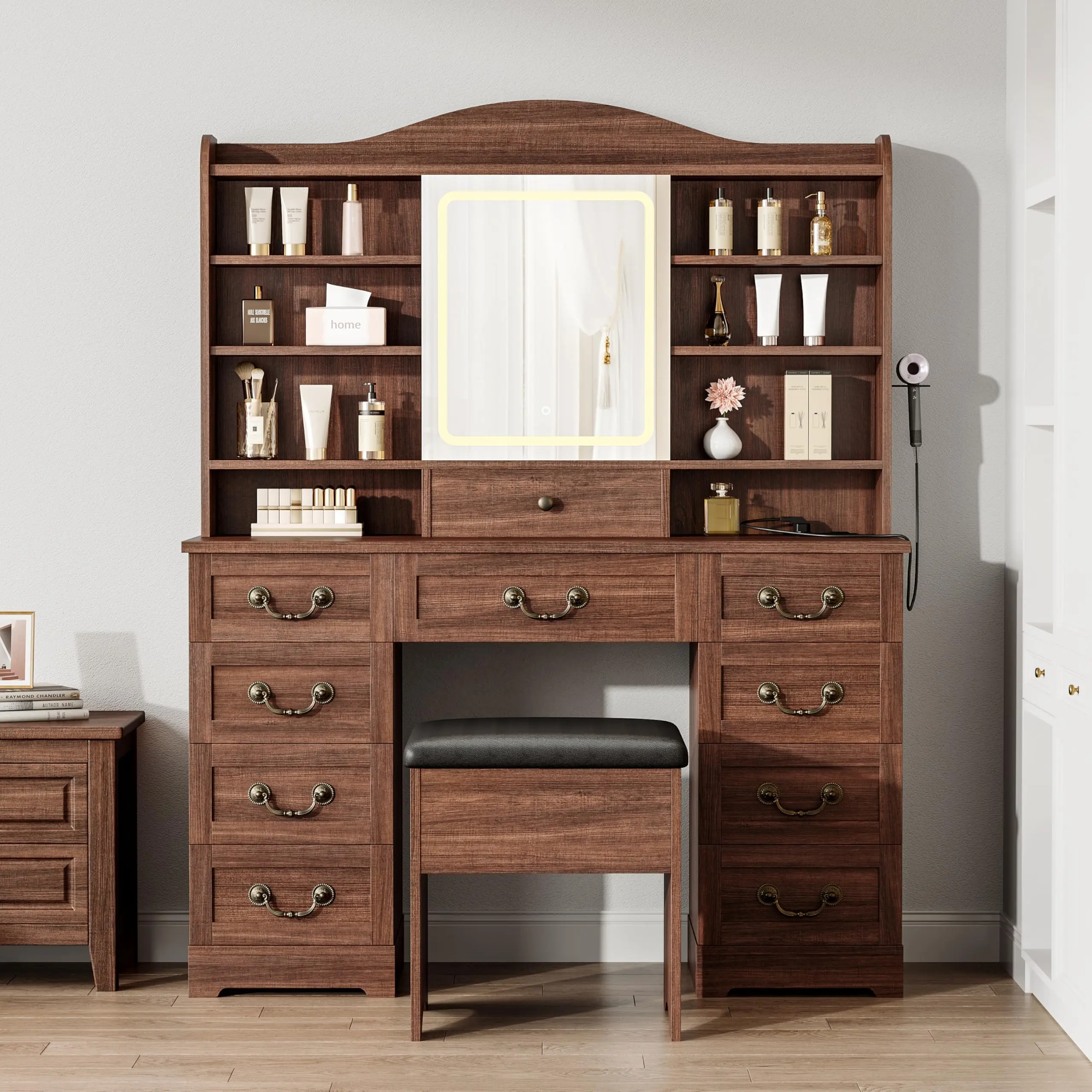Garvee Farmhouse Vanity Desk Set, Makeup Vanity Table with Lights and Mirror, Vintage Make Up Dressing Table for Bedrooms, Apartments