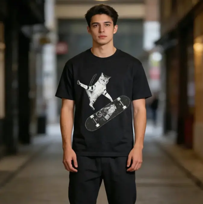 Cool skateboarding cat vintage graphic tee perfect for street hangouts skate park summer casual street wear