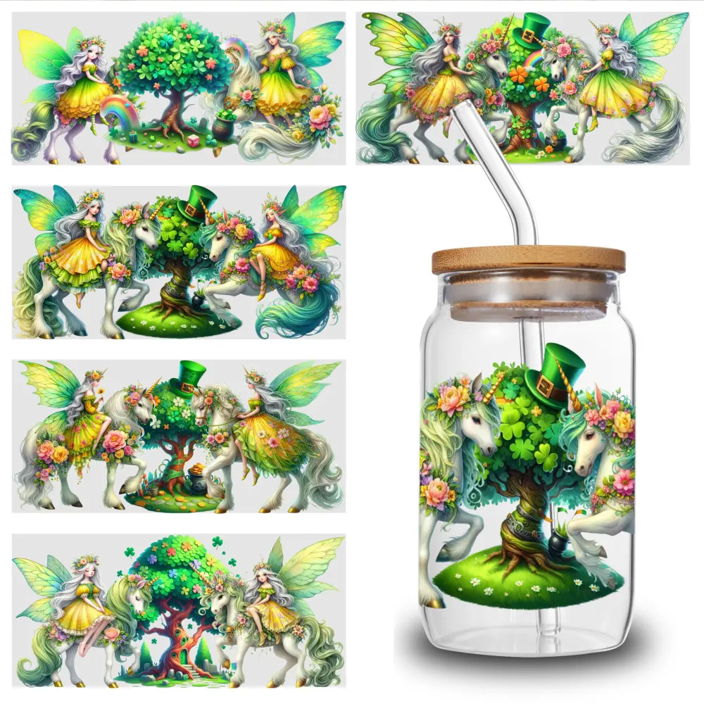 5 Sheets 9.4x4.3inch Fairy Unicorn UV DTF Self-Adhesive Stickers, 3D Effect Vinyl Transfer Paper, 16oz Glass Jar Decals for Home & Party, Easy-to-Use Decorative Packaging for Cups & Bottles