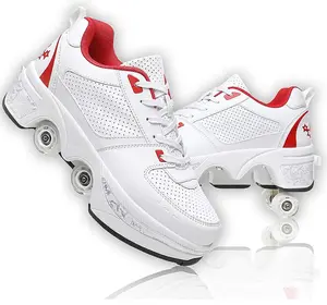 UonrvaoN Roller Skate Shoes For Men And Women, 4Wheel Retractable Roller Skates,2-in-1 Roller ShoesOutdoor Sneakers With Wheels White red