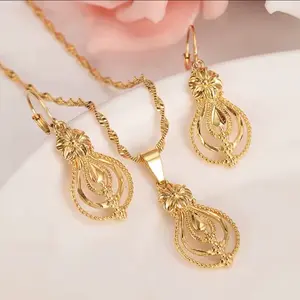 Gold Africa Dubai India Flower Vase Jewelry Set Necklace Pendant Earrings Wedding Bridal Party Gift for Women