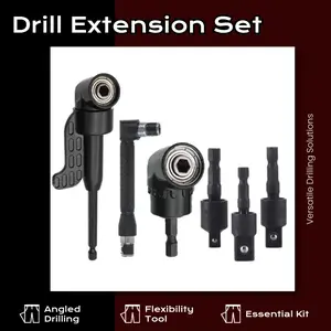 6-Piece Flexible Drill Extension Set, including 3 rotating sleeve adapters, 2 hex-shank 105° right-angle drill attachments, and 1 90° elbow