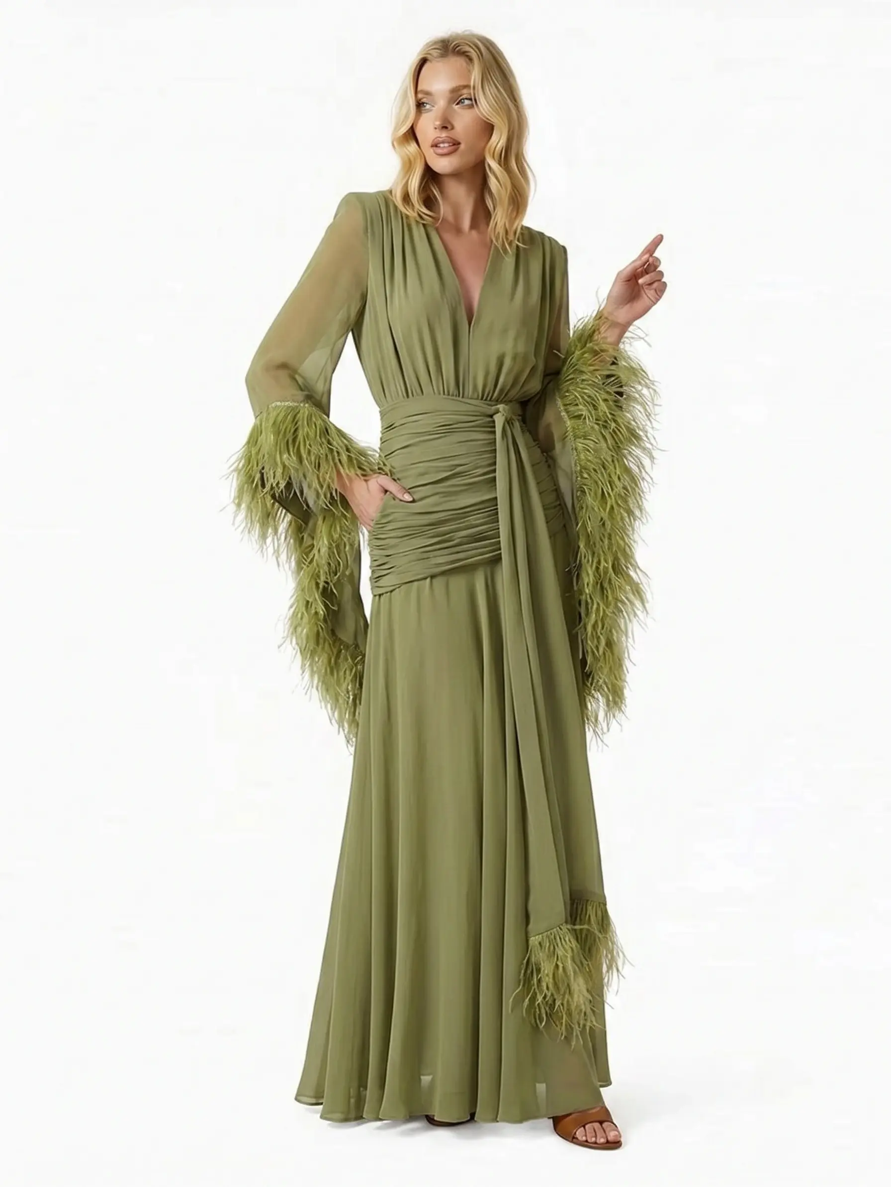 LikeMyChoice 2026 Elegant V Neck Feather Cuff Flowing Chiffon Maxi Dress Long Sleeve Ruched Waist Formal Party Gown Womenswear