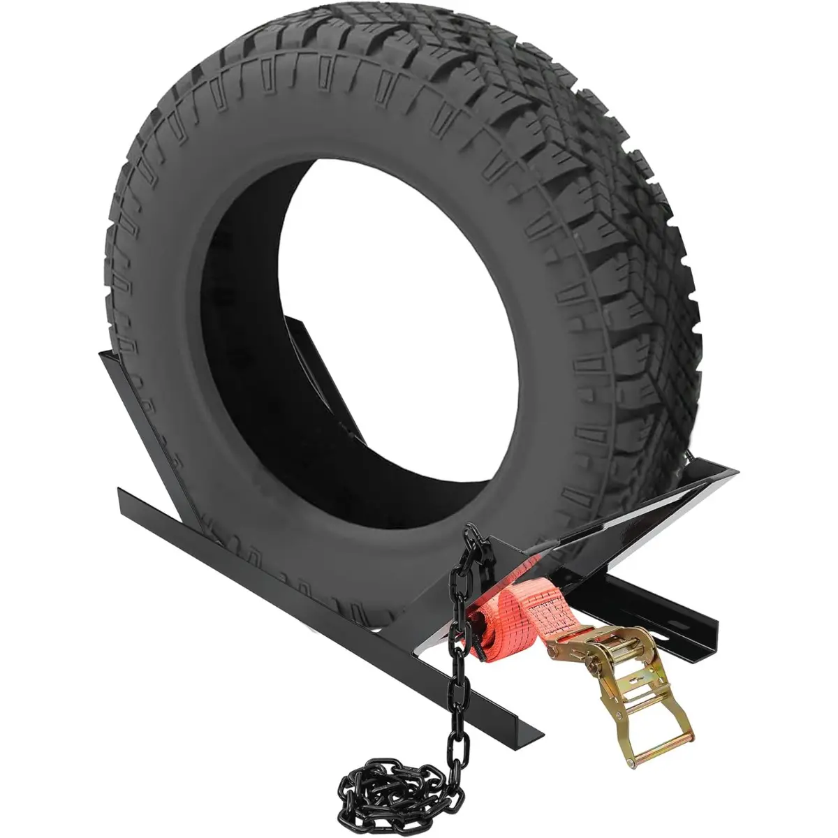 Universal Semi-Truck Spare Tire Carrier with Ratchet Strap & Chain – Portable Adjustable Secure Holder Rack NN2191-TK