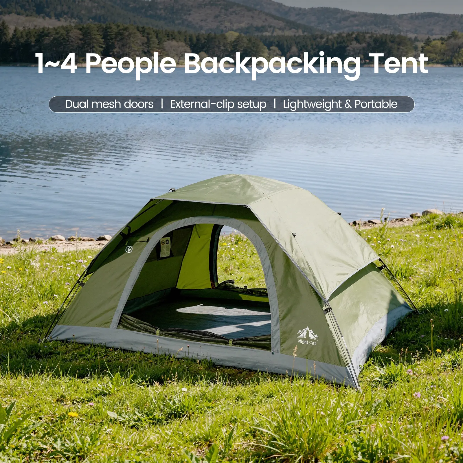 Night Cat Upgraded 1-4 Person Waterproof Windproof Folding Backpacking Tent, 1 Min Easy Clip Setup, 3000mm Heavy Rainproof, 20% More Headroom, Lightweight Compact for Camping, Hiking, Waterproof Tent, Windproof Folding Tent