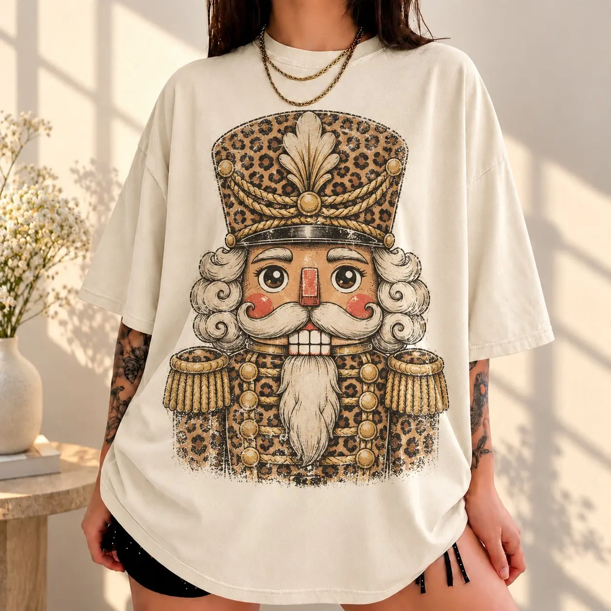Comfort Colors Vintage Leopard Print Nutcracker Christmas Shirt, Retro Nutcracker Soldier Graphic Tee, Unisex Oversized Holiday T-Shirt, Cute Christmas Gift for Women and Men