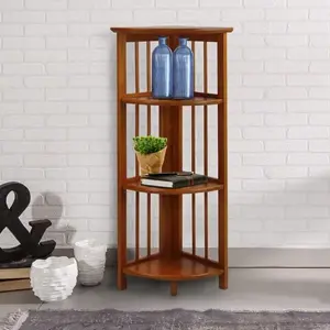 Honey Oak 4-Shelf Corner Folding Bookcase - Solid Wood, Effortless Foldable Design, 12.5"W x 12.5"D x 38.75"H, Assembly Required