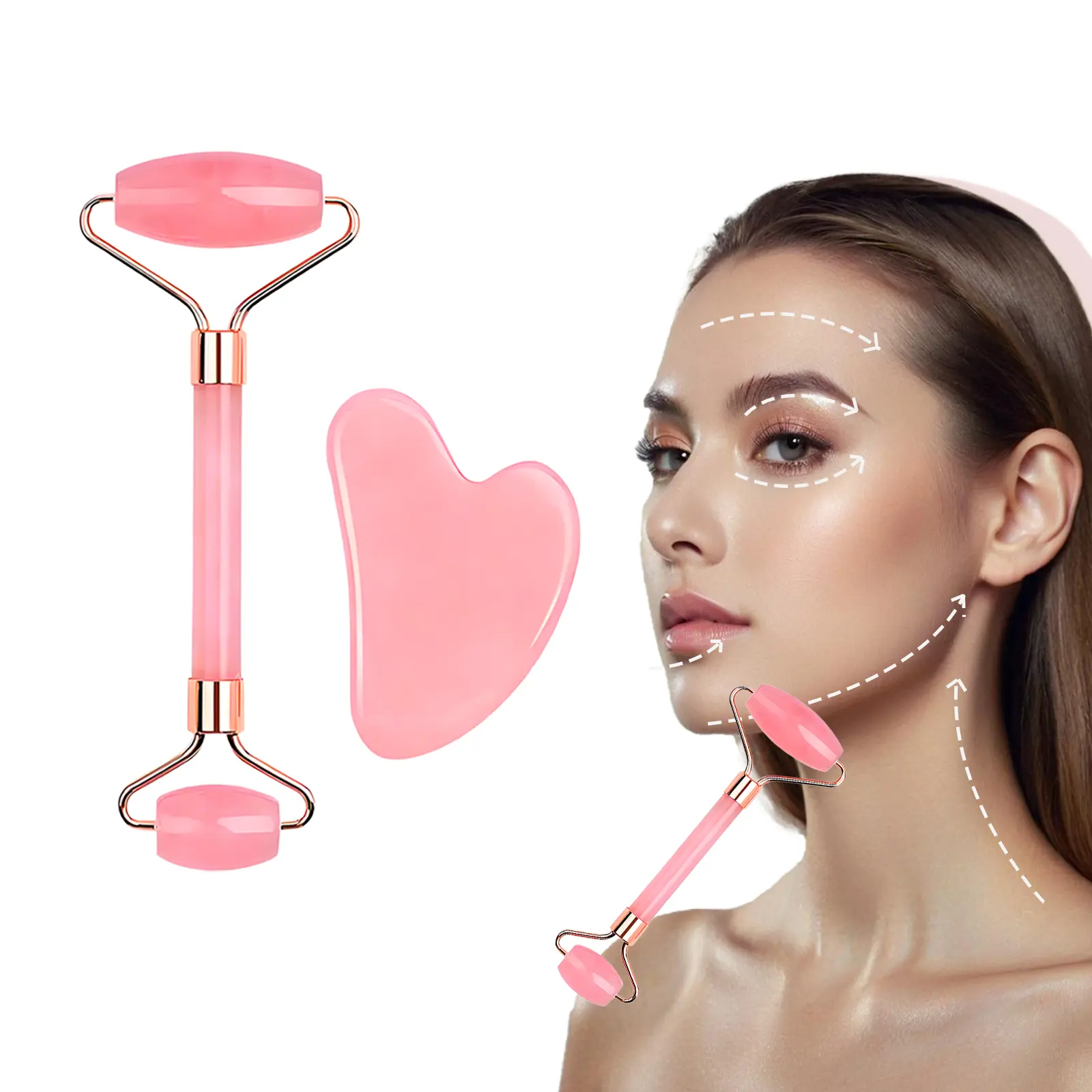 Pink 2-Piece Jade Roller and Gua Sha Set - Natural Stone Skincare Tools for Face Debloat, Smooth & Radiant Skin, Self Care Gifts, Facial Slimming & Massage Tools, Lifts Skin, Single Item, All, Anti Wrinkle, Clean Before Use, Firming/Lifting, Oily