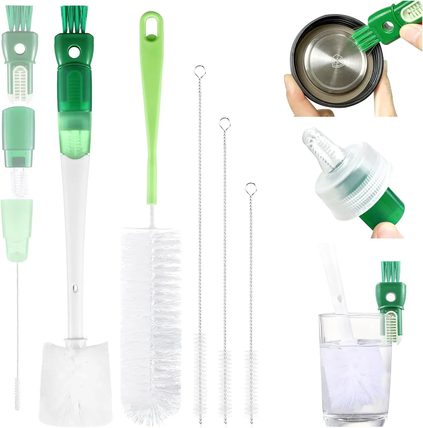 5 Pack Bottle Brush Set, 5 in 1 Water Bottle Cleaning Brush, Long Handle Narrow Wine Cup Cleaner, 3 Straw Brushes for Stanley, Travel Nipple Lid Gap Detail Washer Brush