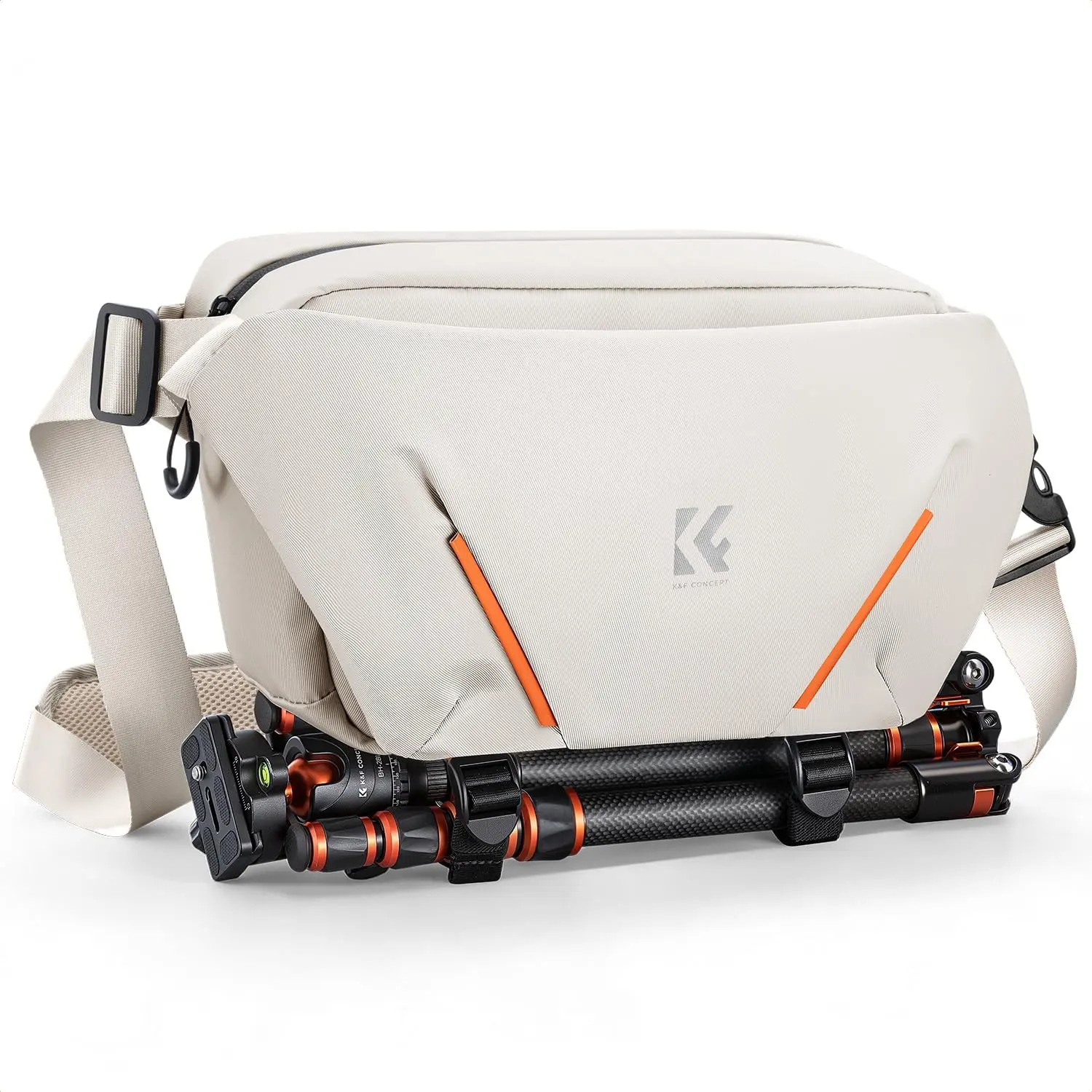 K&F CONCEPT Camera Sling Bag, Lightweight Camera Bag for Mirrorless/DSLR, Foldable Side Pocket & Quick-Access Front Pocket, Adjustable Divider, Camera Bags for Photographers, White, 7L